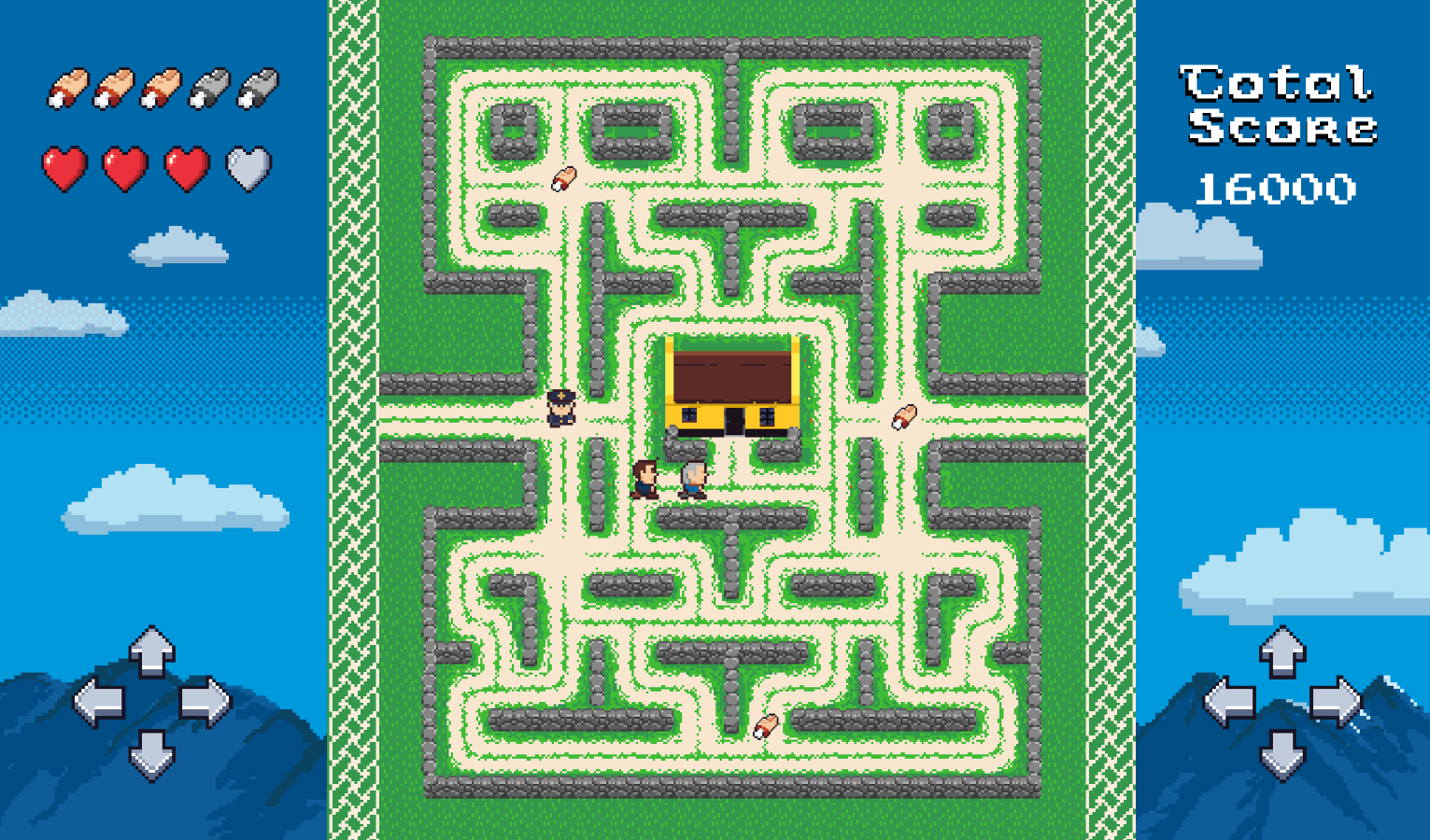 Graphic shows the maze layout of the Banshees of Inisherin game, featuring green hedgerows and an illustration of a pub at the centre