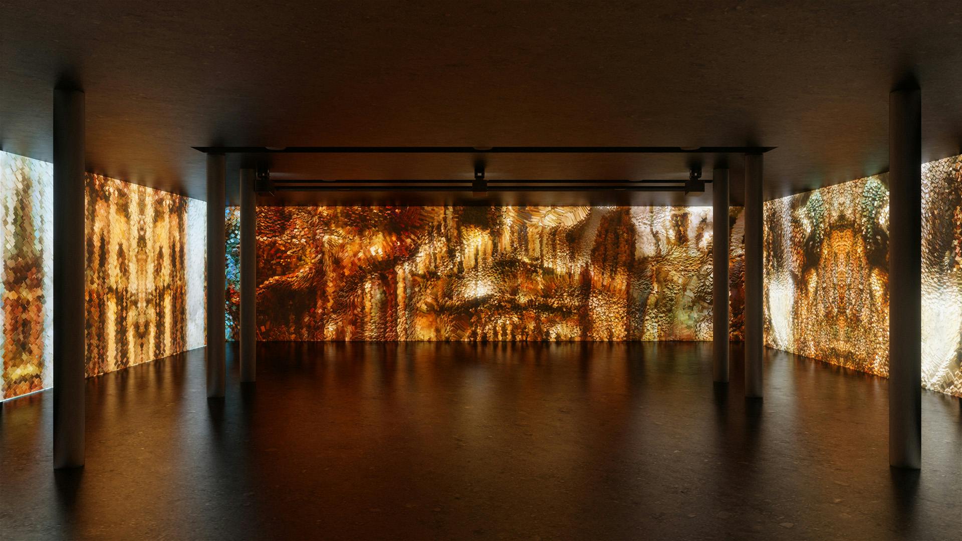 Image of a low ceiling room with walls covered in a panoramic installation by Refik Anadol
