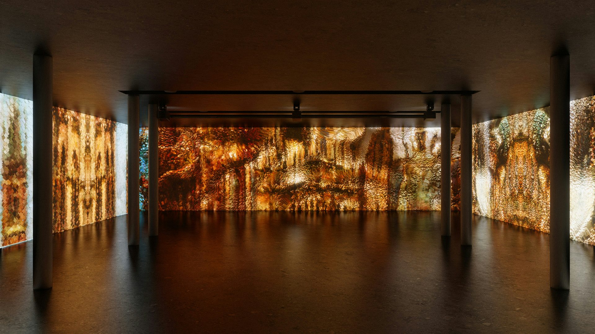 Image of a low ceiling room with walls covered in a panoramic installation by Refik Anadol