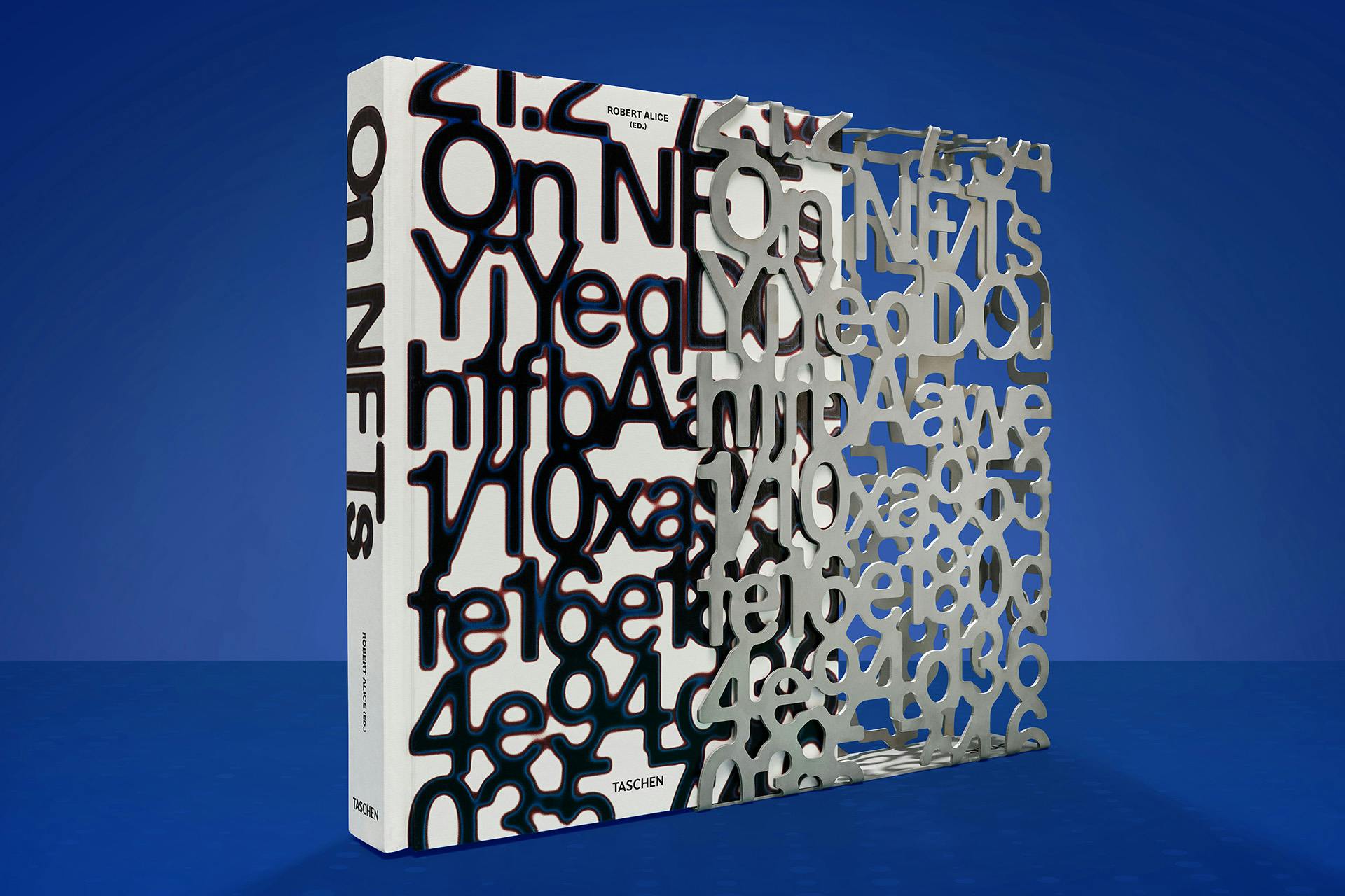 Image shows the letter-based design on the cover of On NFTs by Robert Alice, which is shown jutting out from the semi-transparent hard slip-case design