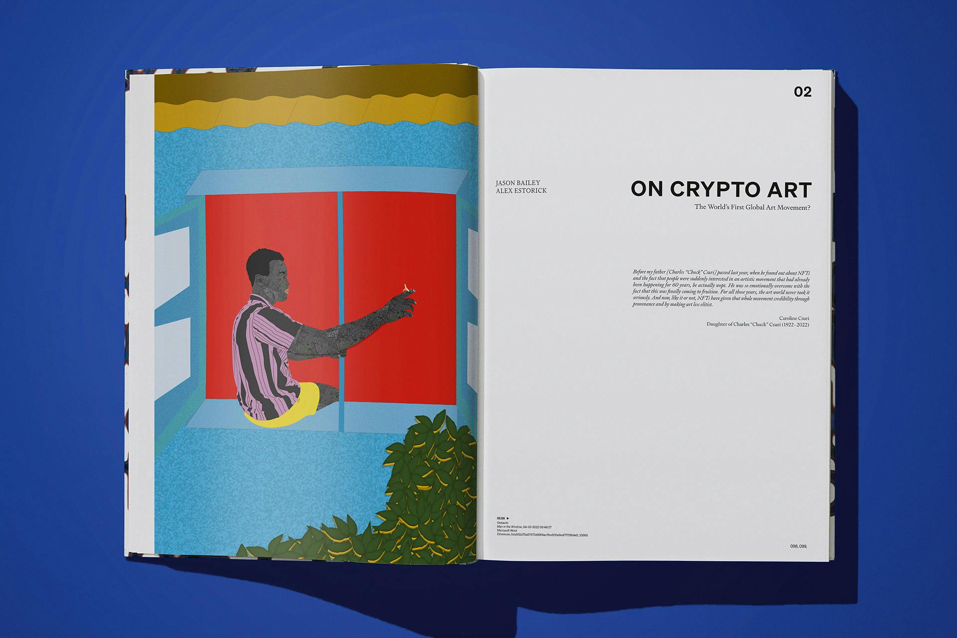 Image shows a spread from On NFTs by Robert Alice on a bright blue background. The spread features a digital painting on the left showing a man in a window, and the right hand page is headlined 'On crypto art'