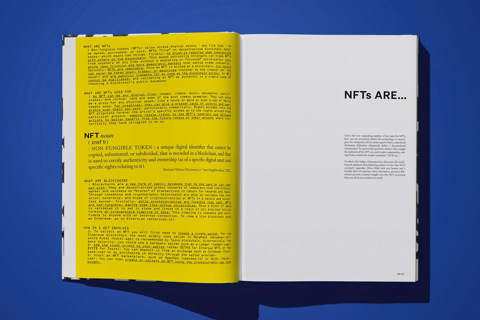 Image shows a spread from On NFTs by Robert Alice on a bright blue background. The spread features various definitions of NFTs on the left hand page, and the right hand page is headlined 'NFTs are...'