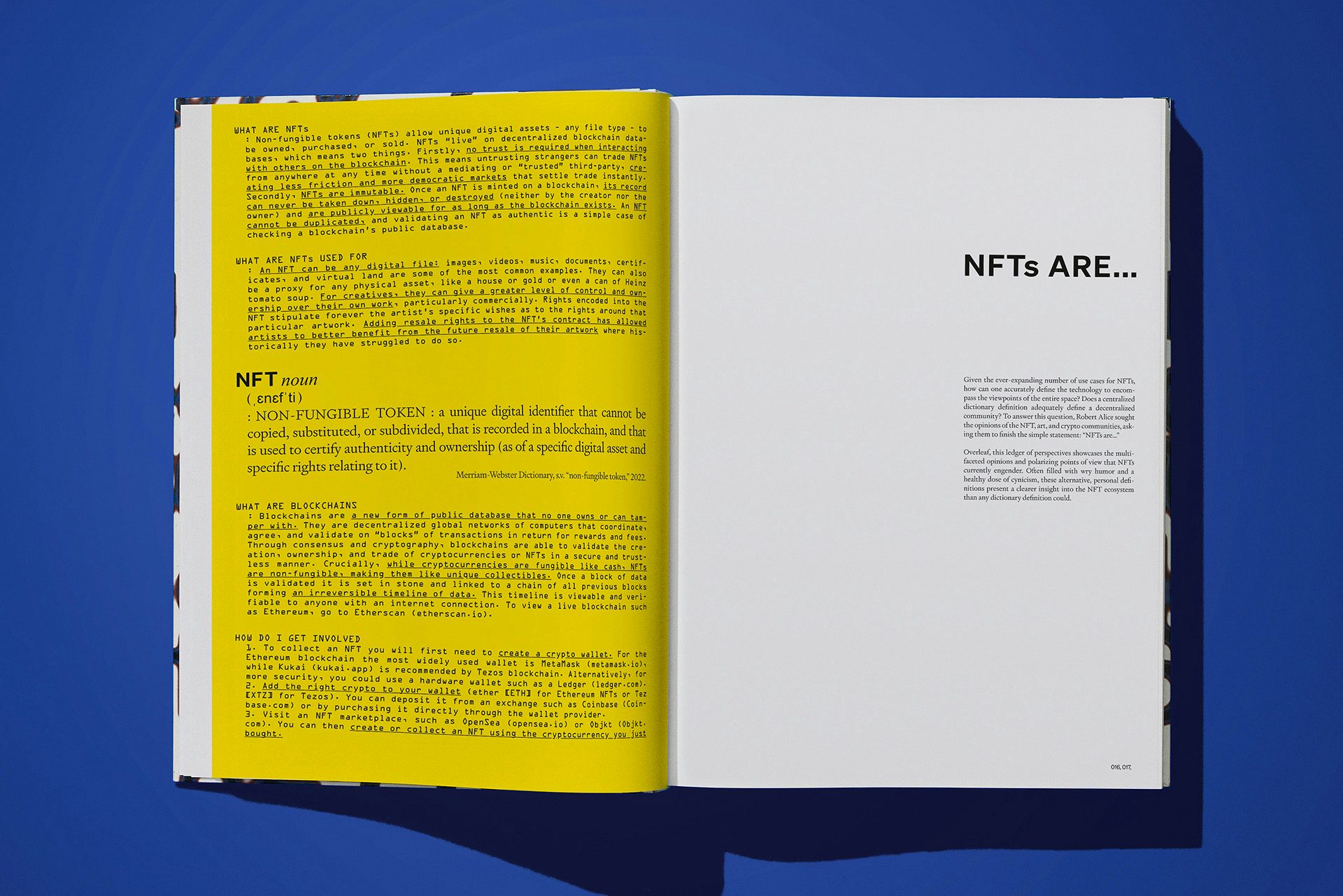 Image shows a spread from On NFTs by Robert Alice on a bright blue background. The spread features various definitions of NFTs on the left hand page, and the right hand page is headlined 'NFTs are...'