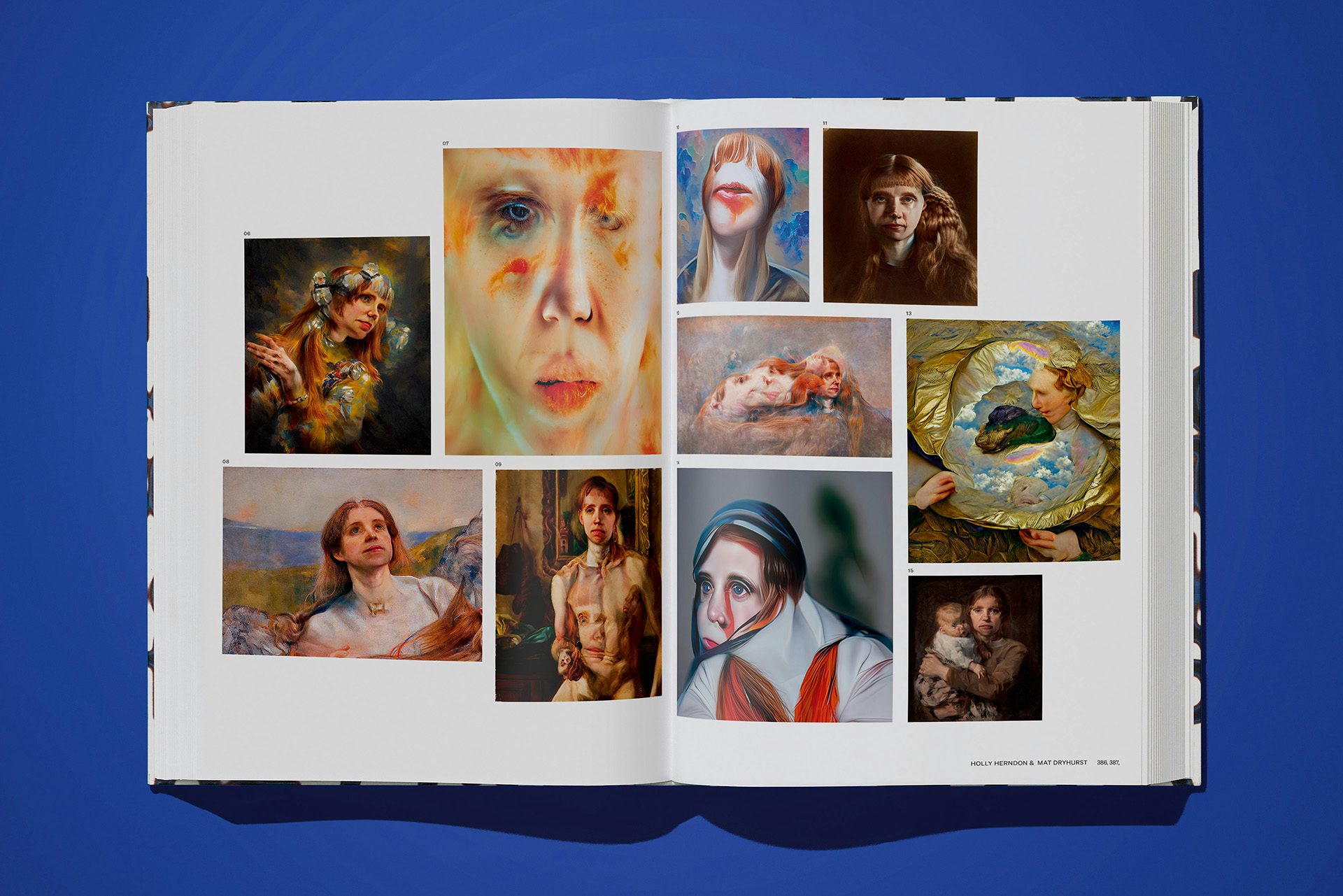 Image shows a spread from On NFTs by Robert Alice on a bright blue background. The spread features a composite of abstracted portraits by Holly Herndon and Mat Dryhurst