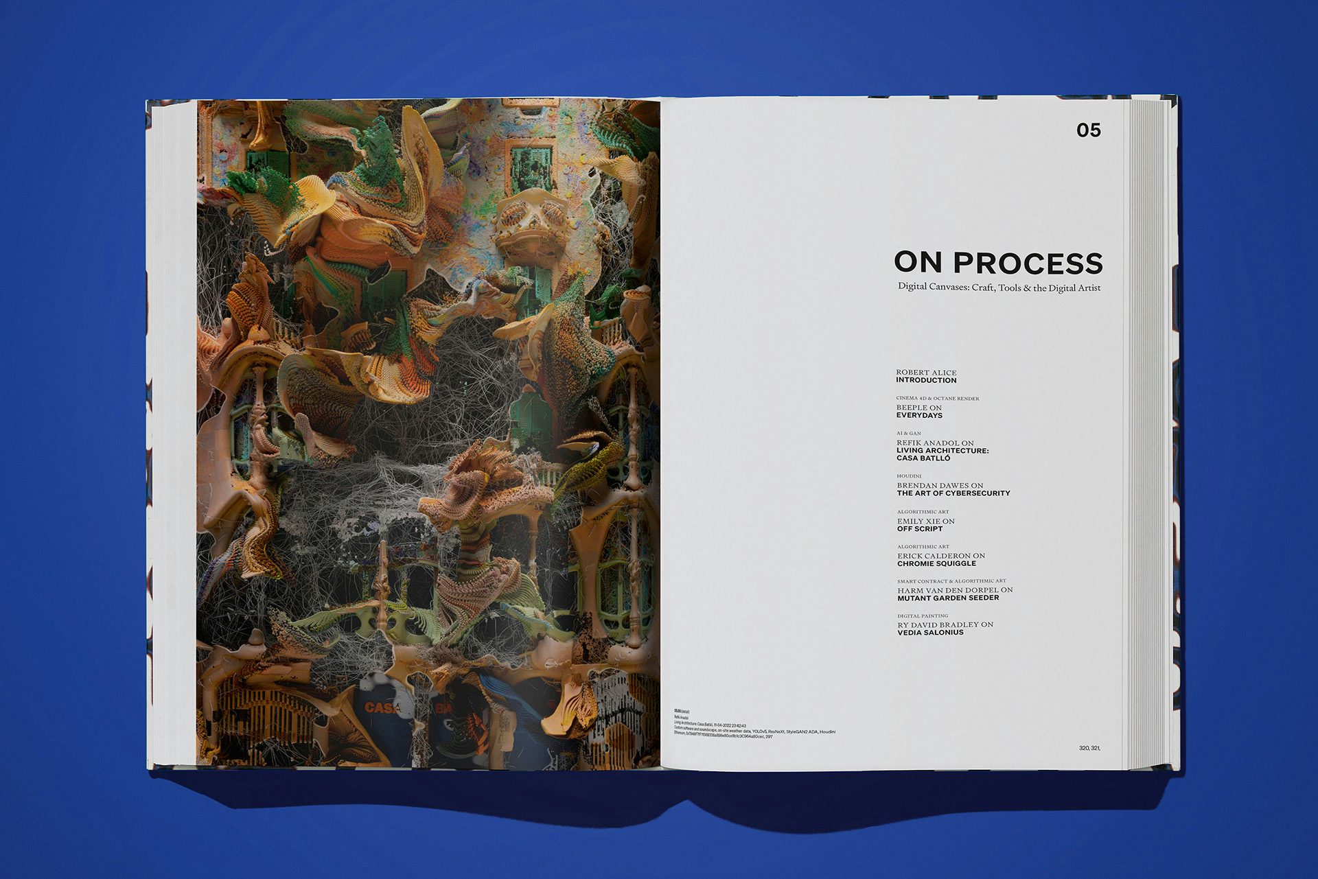 Image shows a spread from On NFTs by Robert Alice on a bright blue background. The spread features an abstract digital visualisation by Refik Anadol on the left, and on the right the page is headlined 'On process'