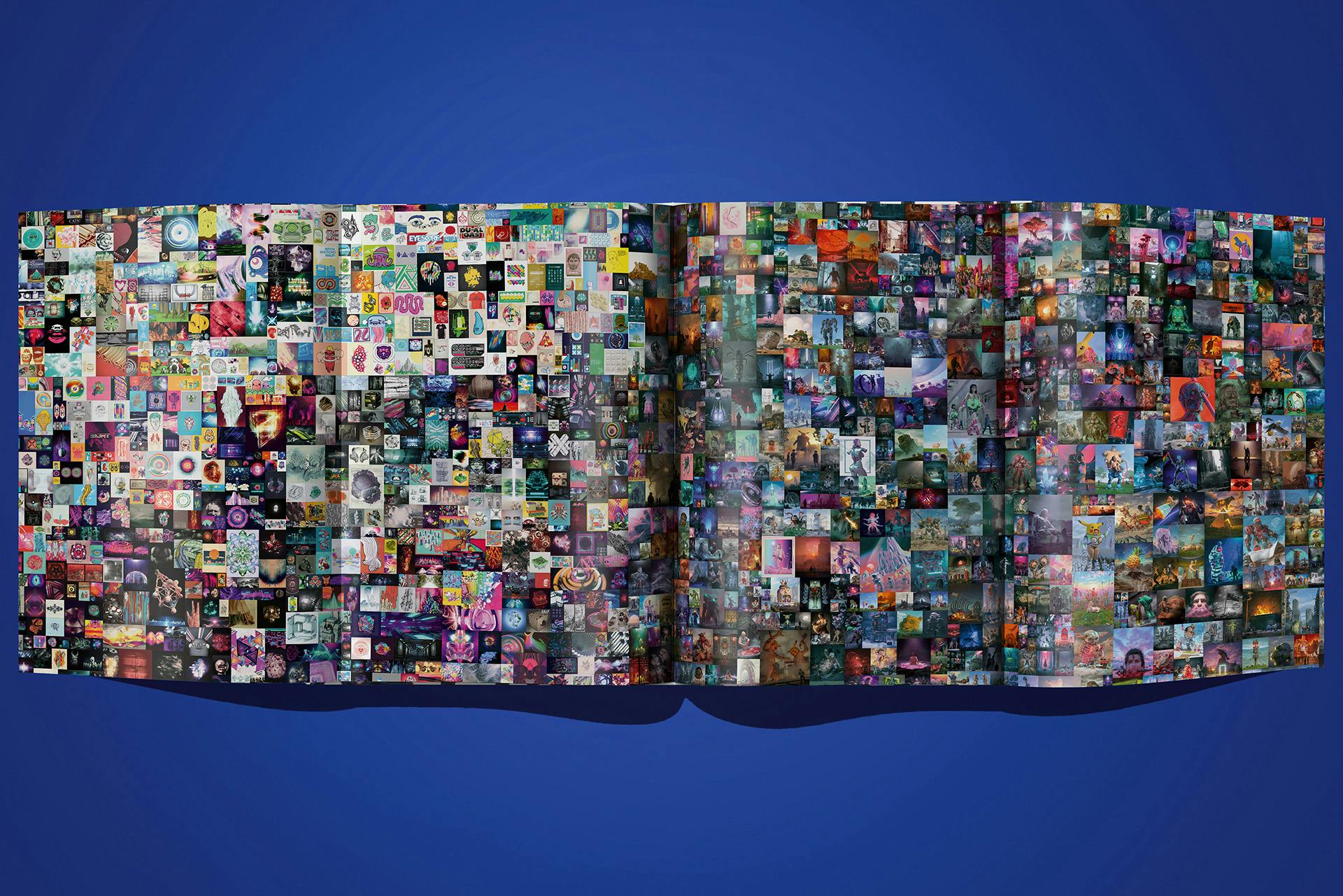 Image shows a spread from On NFTs by Robert Alice on a bright blue background. The spread features a dense composite of small images