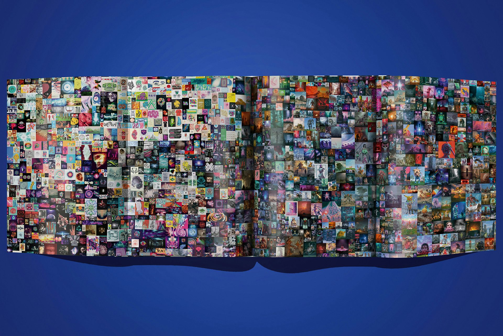 Image shows a spread from On NFTs by Robert Alice on a bright blue background. The spread features a dense composite of small images