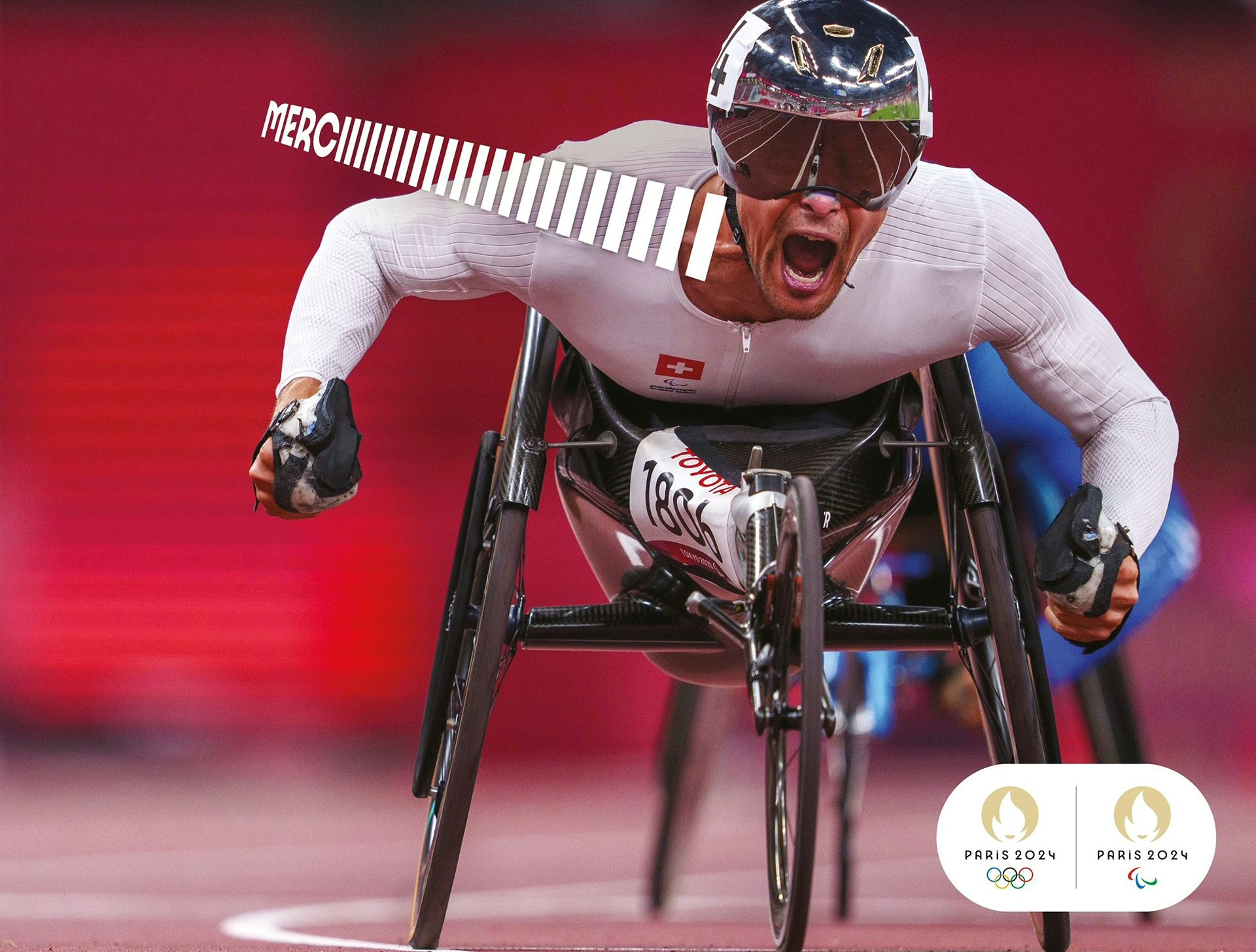 Poster of an Paralymic athlete, and the word 'merci' appearing to protrude from their open mouth