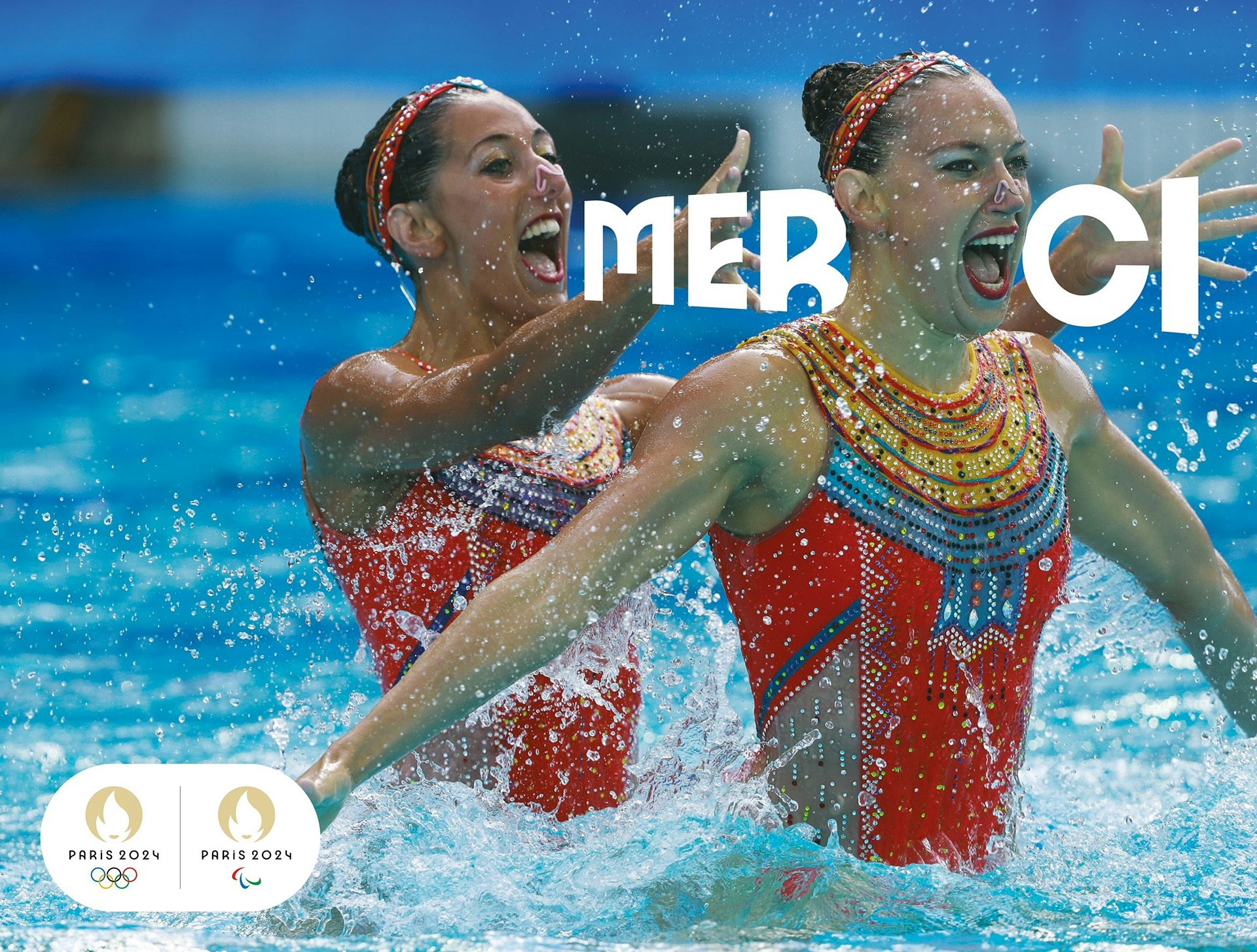 Poster showing two swimmers next to the word 'merci'