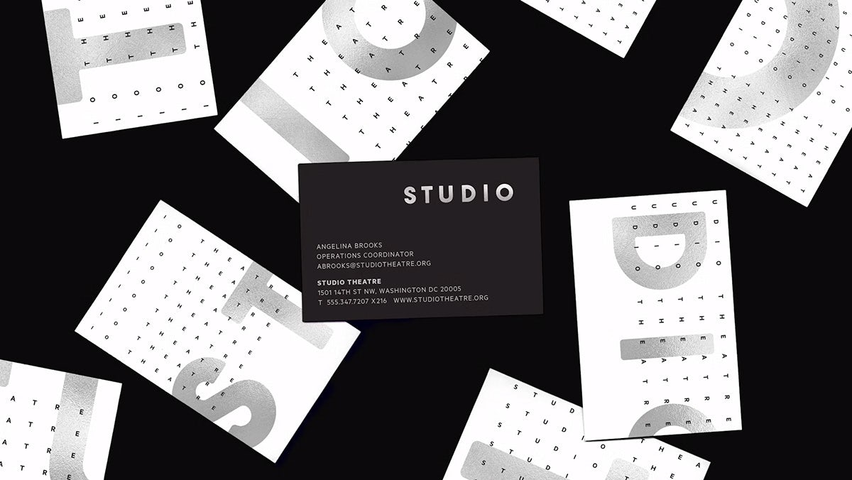 Black and white business cards featuring the new Studio Theatre branding