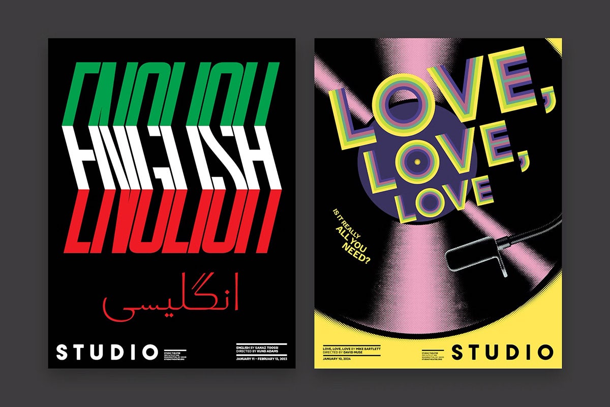 Two posters side by side, one reads 'English' in green, white and red, the other reads 'love love love' laid over an illustration of a vinyl record