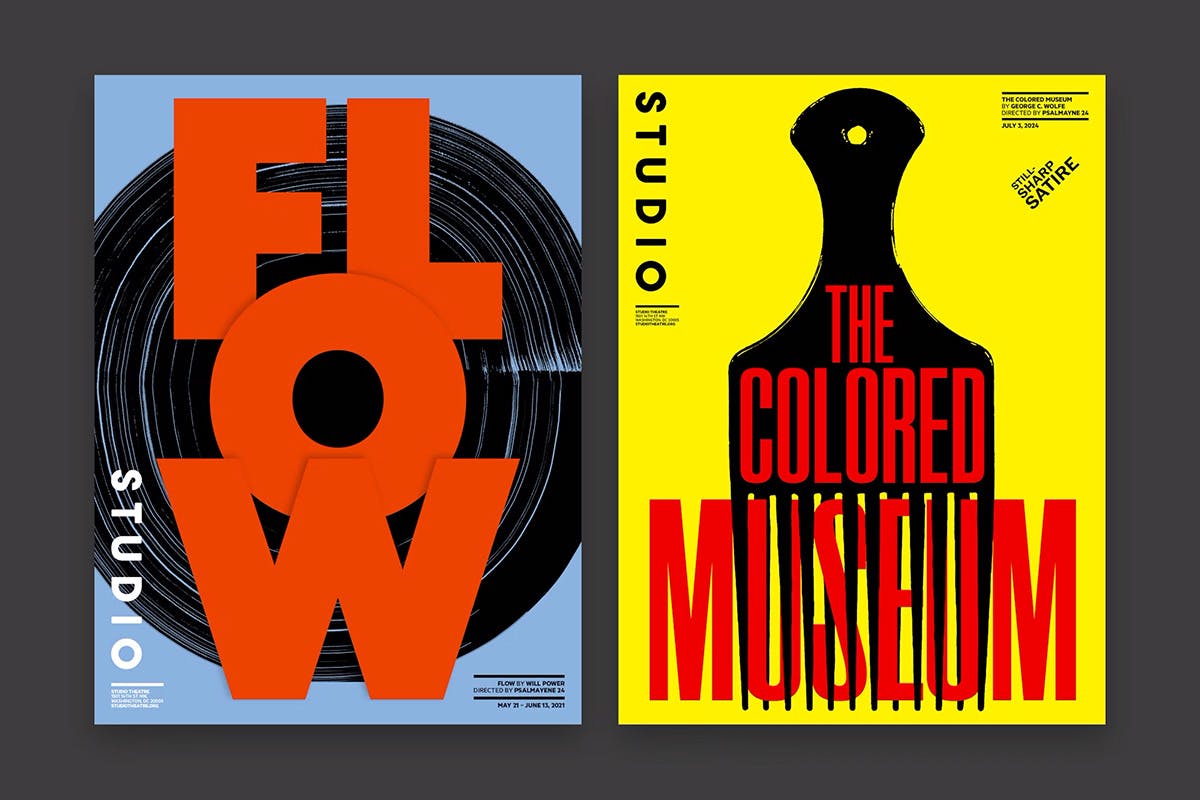 Two posters side by side, one features the word 'flow' in thick red lettering broken over three lines, the other reads 'the colored museum' in elongated red lettering laid over an illustration of an afro comb