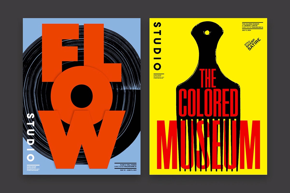 Two posters side by side, one features the word 'flow' in thick red lettering broken over three lines, the other reads 'the colored museum' in elongated red lettering laid over an illustration of an afro comb