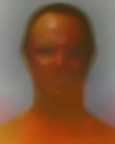 Blurred image of a person's mugshot against a grey backdrop by Paolo Cirio