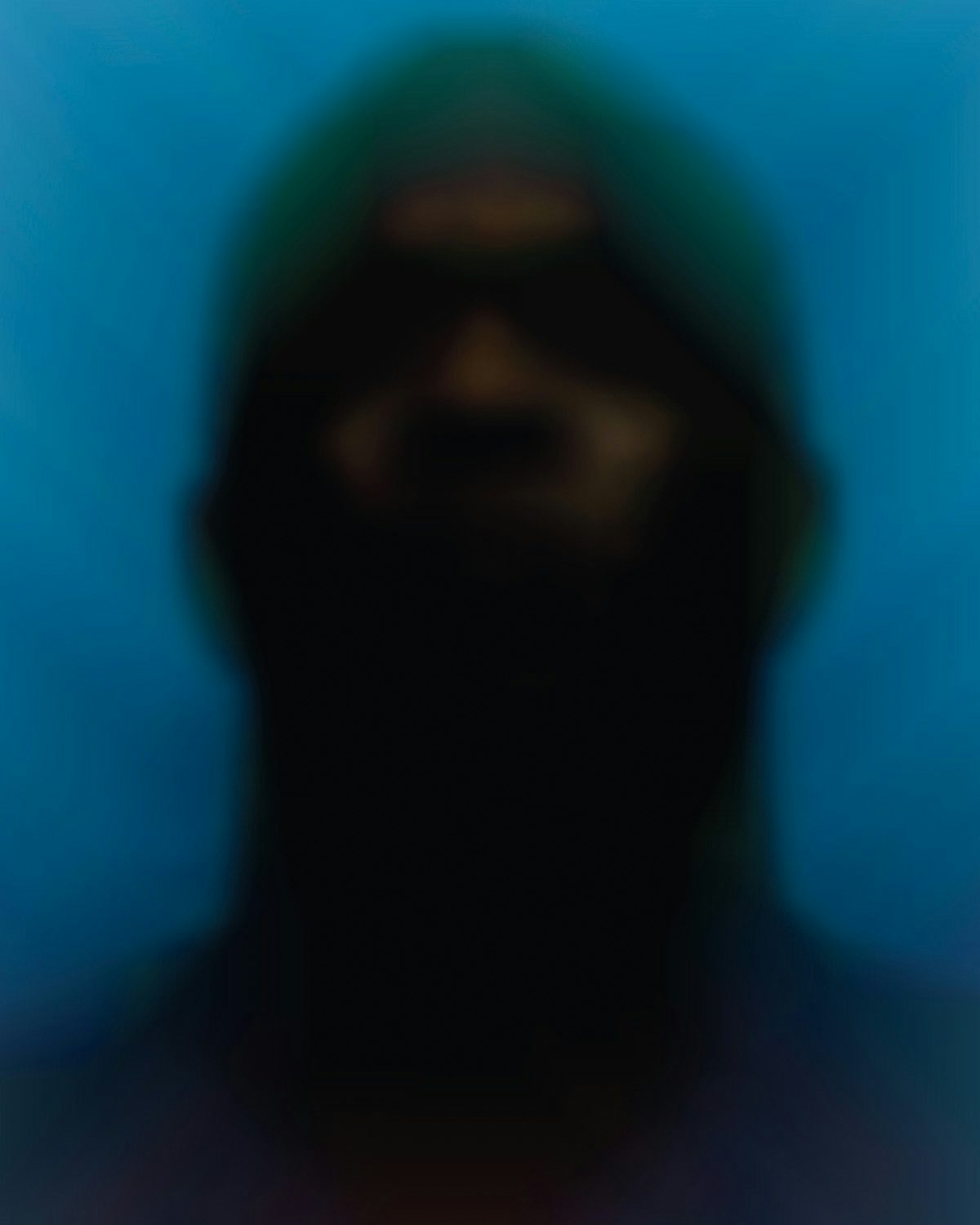 Blurred image of a person's mugshot against a blue backdrop by Paolo Cirio