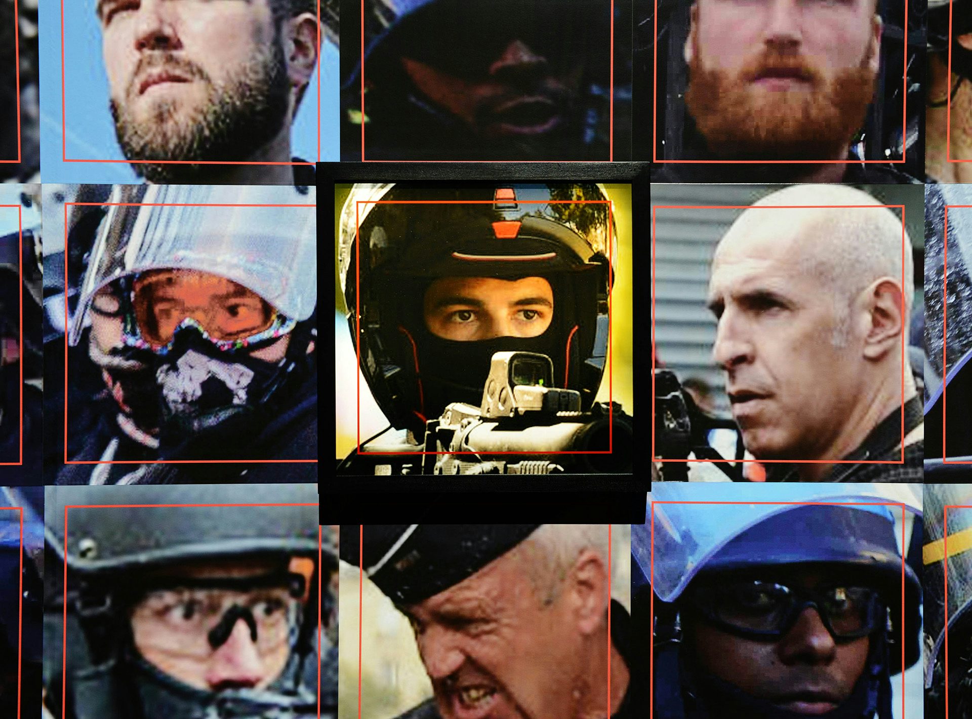 Composite image by Paolo Cirio showing close up photos of police officers, with red targeting frames laid over the top