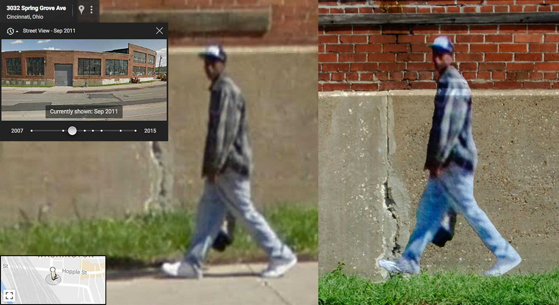 Two side by side Google Street View images of anonymised people walking along a street