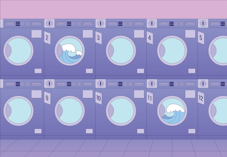 Purple hued illustration of two rows of washing machines