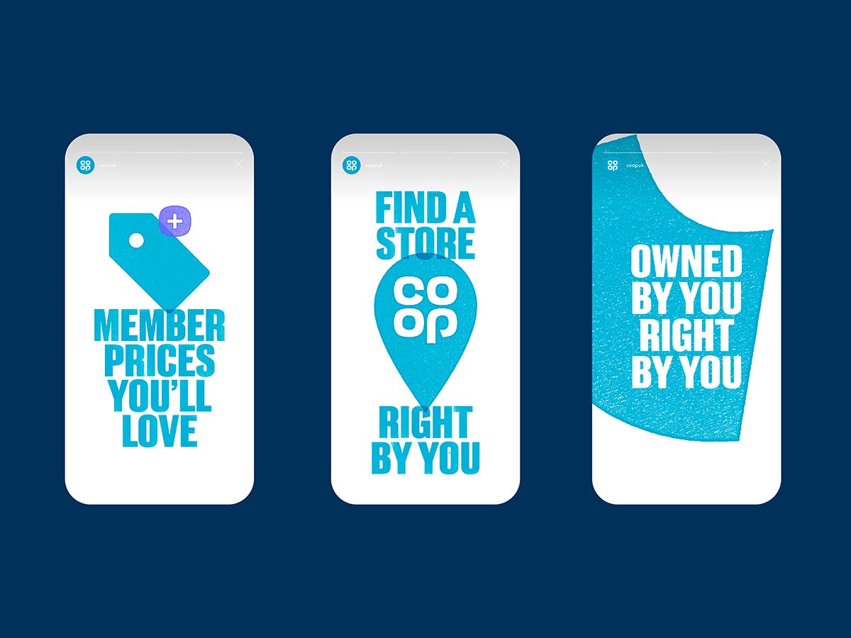 Three phone screens showing social posts in Co-op's new identity