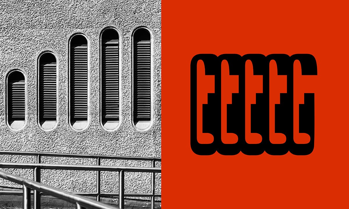 Composite showing a black and white photo of tall oblong architectural features on the left, and on the right is a row of letter 'T's inspired by those features, shown on a red background