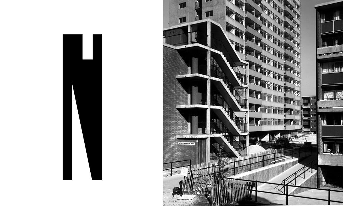 Composite showing an angular elongated 'N' on the left, and on the right a black and white photo of Brutalist architecture in the Barbican