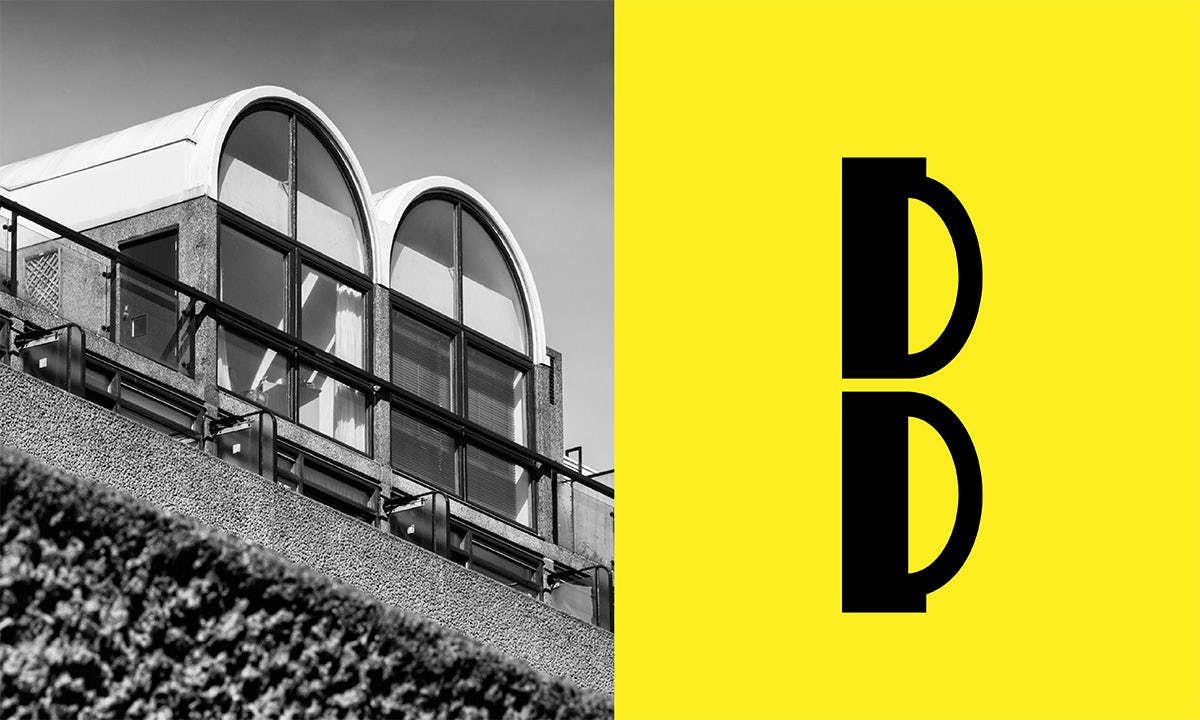 Composite showing a black and white architectural photo of curved window frames on the left, and on the right is the letter 'B' inspired by the curved windowframes