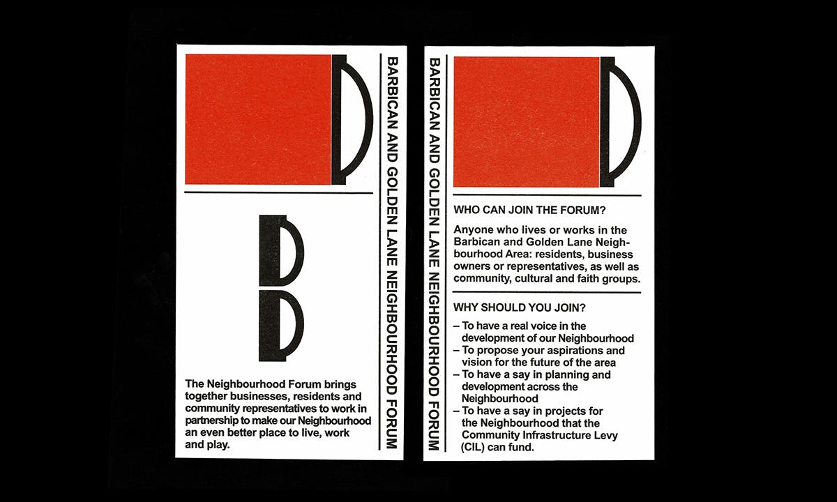 Graphic showing the Barbican and Golden Lane Estate's new identity, featuring unconventional lettering, shown as part of a larger text-based graphic