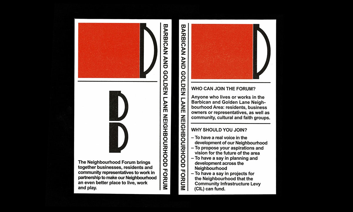 Graphic showing the Barbican and Golden Lane Estate's new identity, featuring unconventional lettering, shown as part of a larger text-based graphic