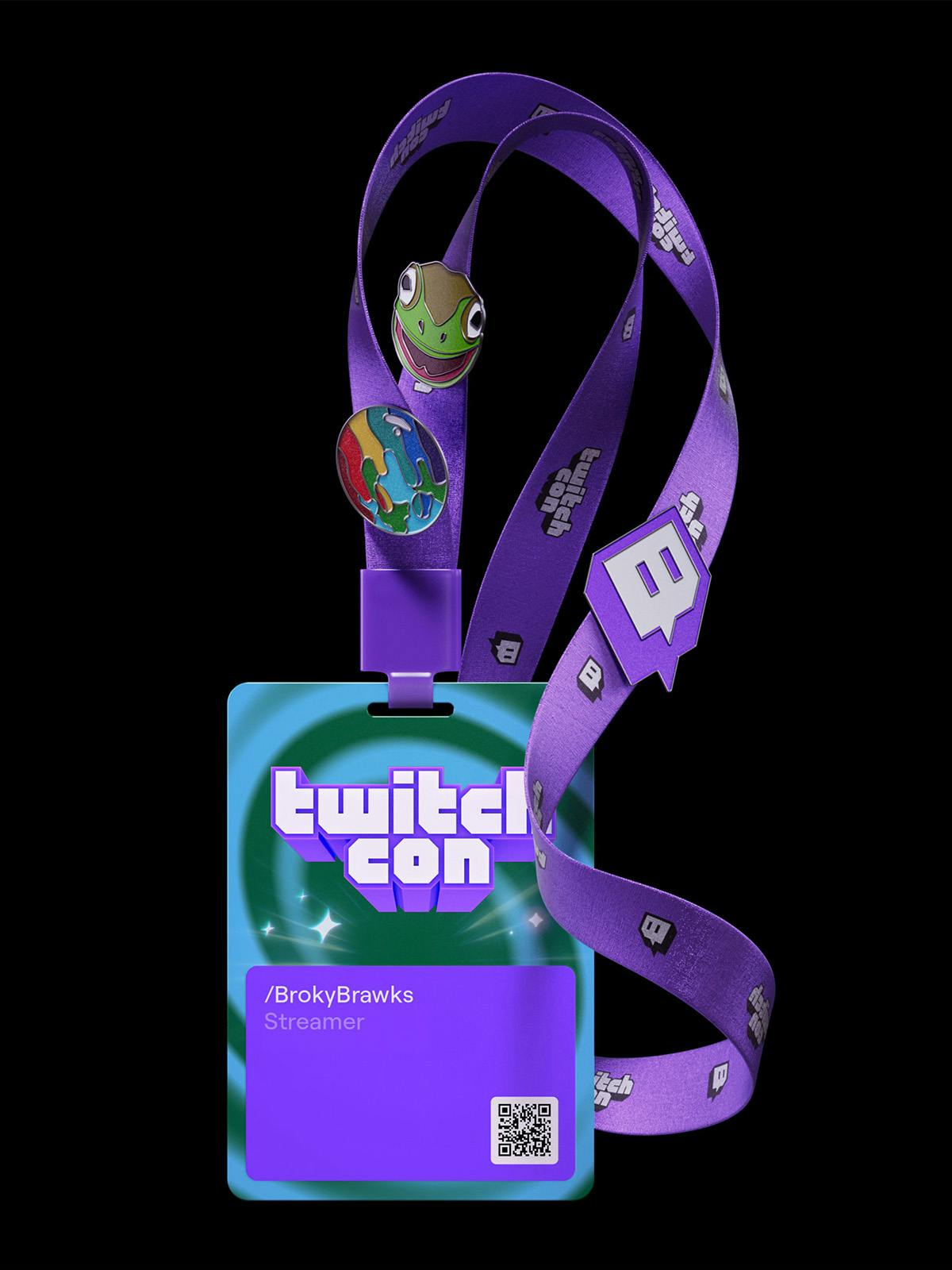 Blue patterned Twitch Con pass on a purple lanyard decorated with Twitch motifs