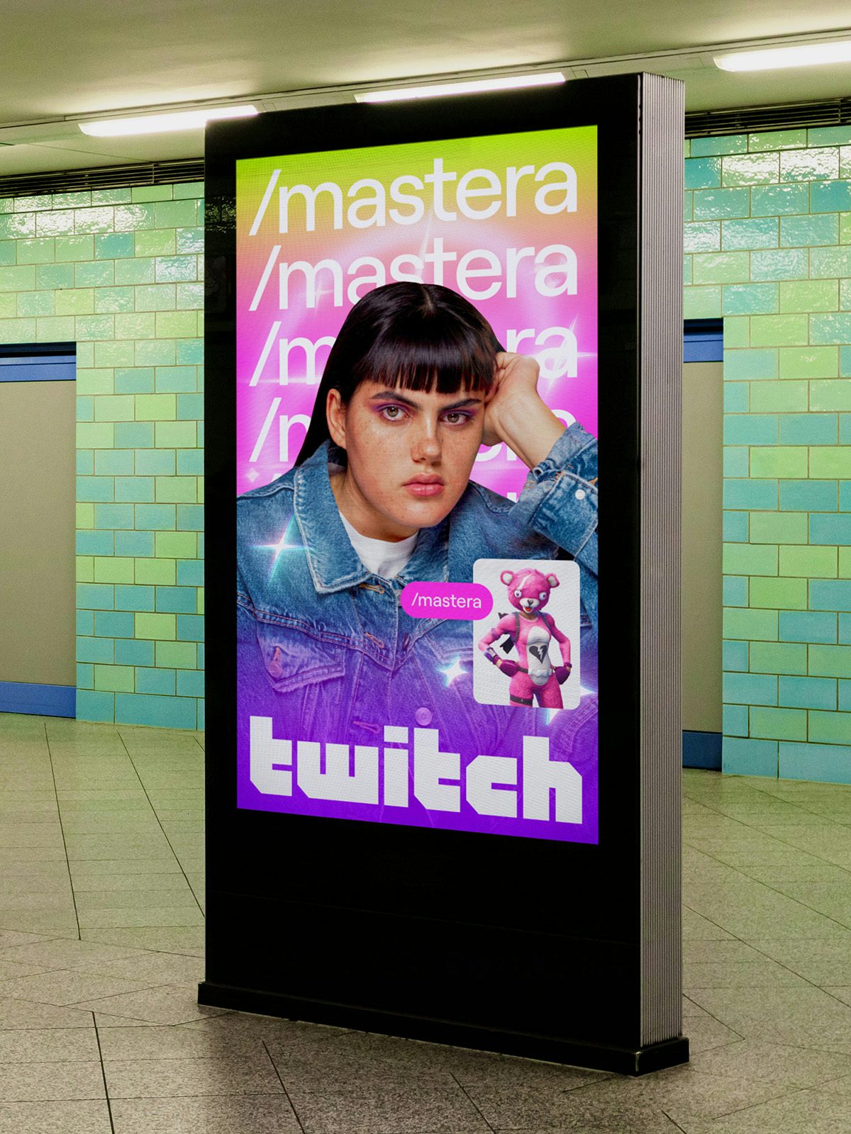 An outdoor digital ad for Twitch featuring the brand's geometric retro wordmark and a portrait of a person wearing a denim jacket and long brown hair with a fringe