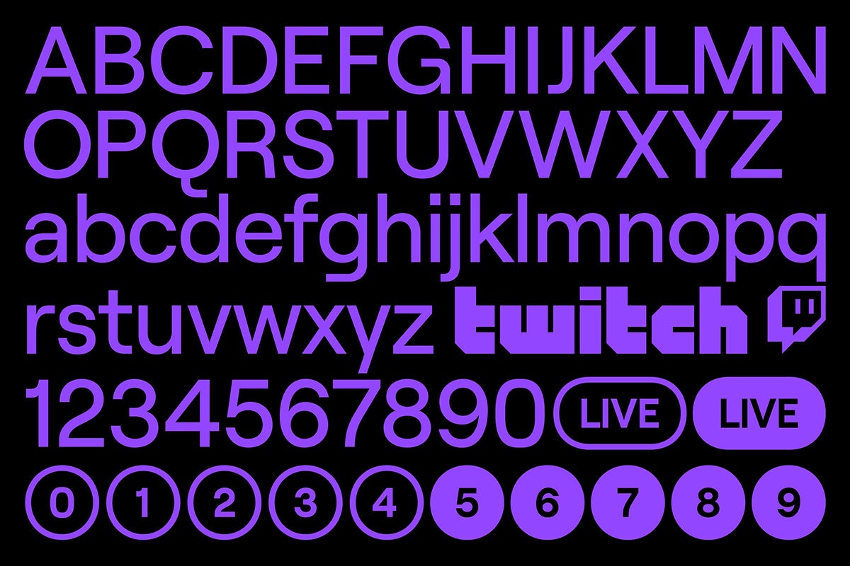 Alphabet showing the Twitch typeface in purple letters and numbers against a black background