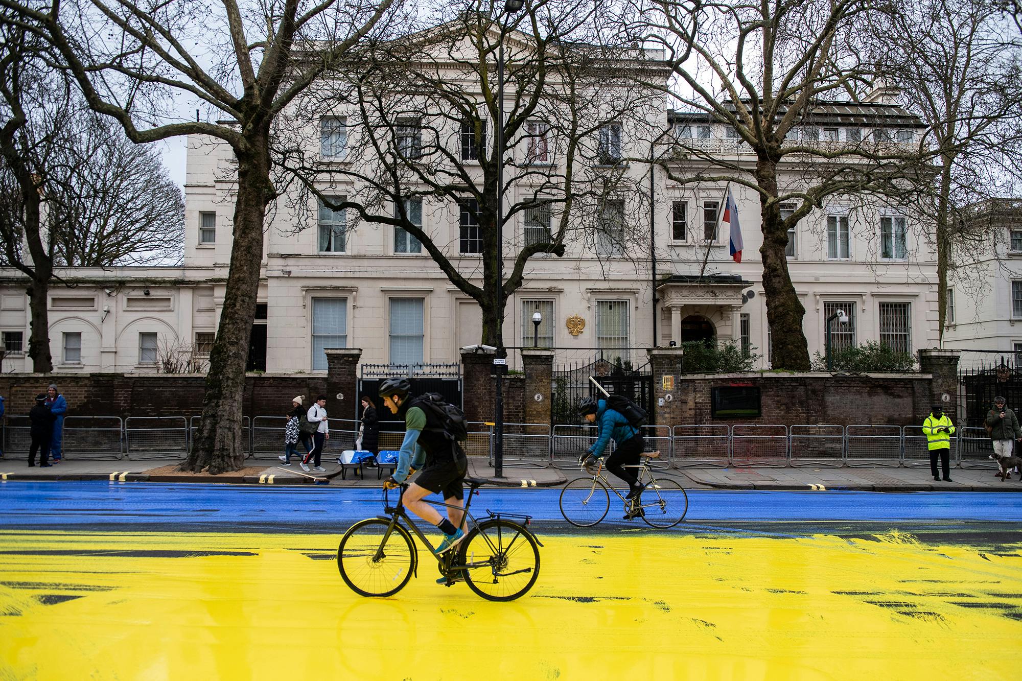 Led By Donkeys paint Ukrainian flag onto road outside Russian Embassy