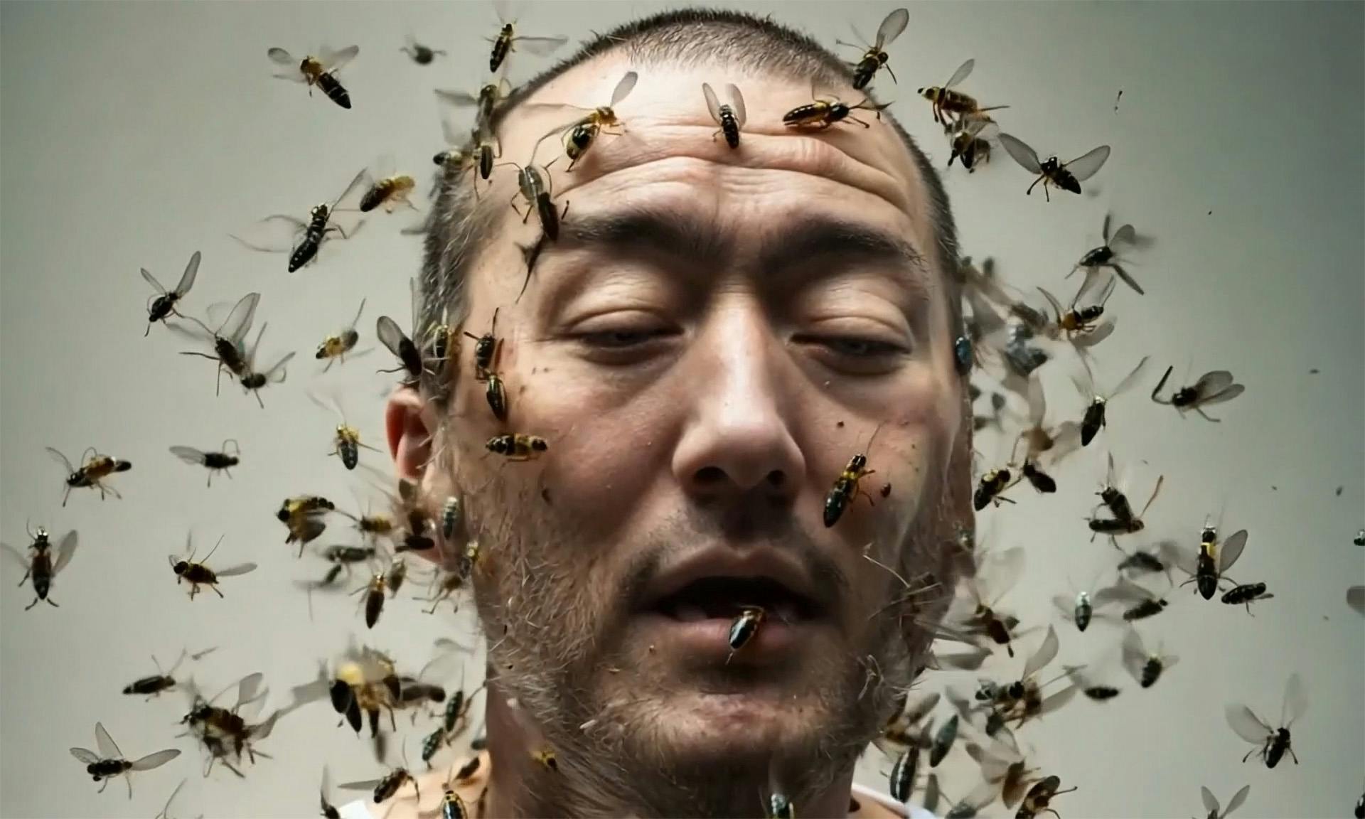 Image created with AI showing a close-up of a person's face with insects swarming around them