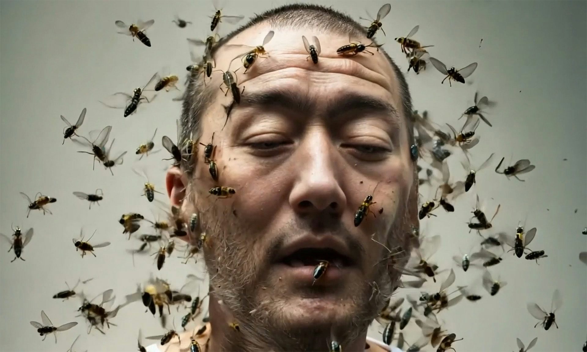 Image created with AI showing a close-up of a person's face with insects swarming around them