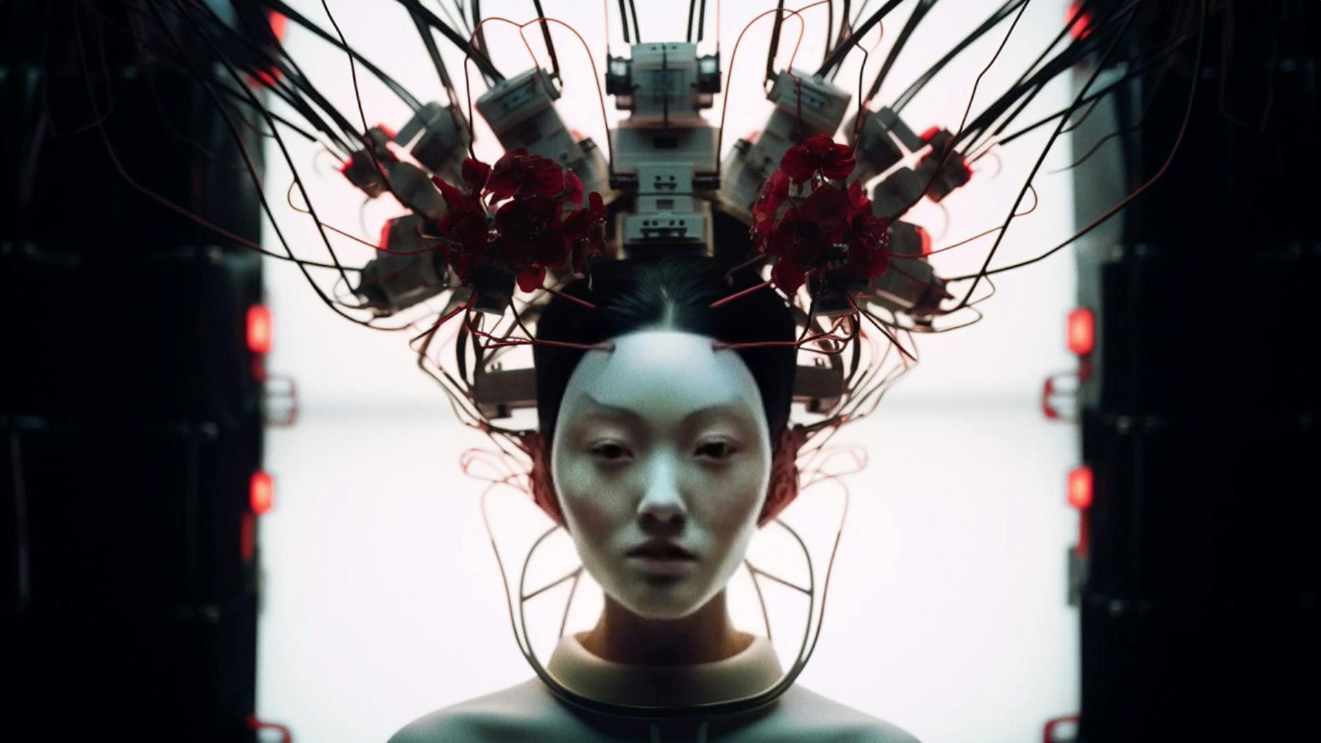 Image created with AI showing a person's face with wires and devices protruding from their head