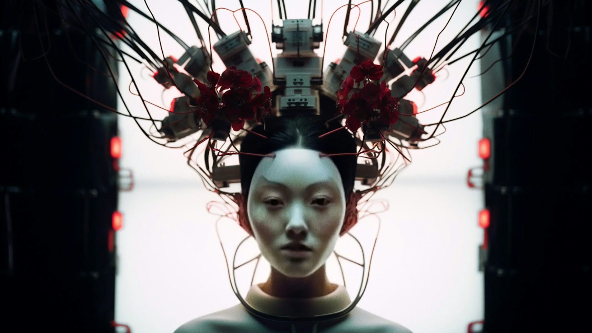 Image created with AI showing a person's face with wires and devices protruding from their head