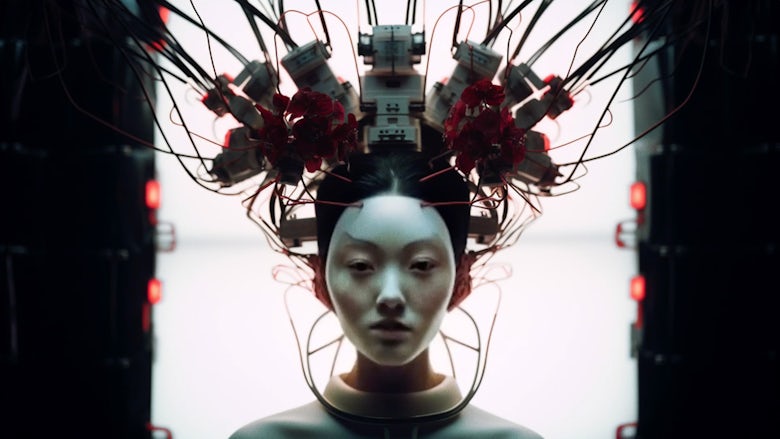 Image created with AI showing a person's face with wires and devices protruding from their head