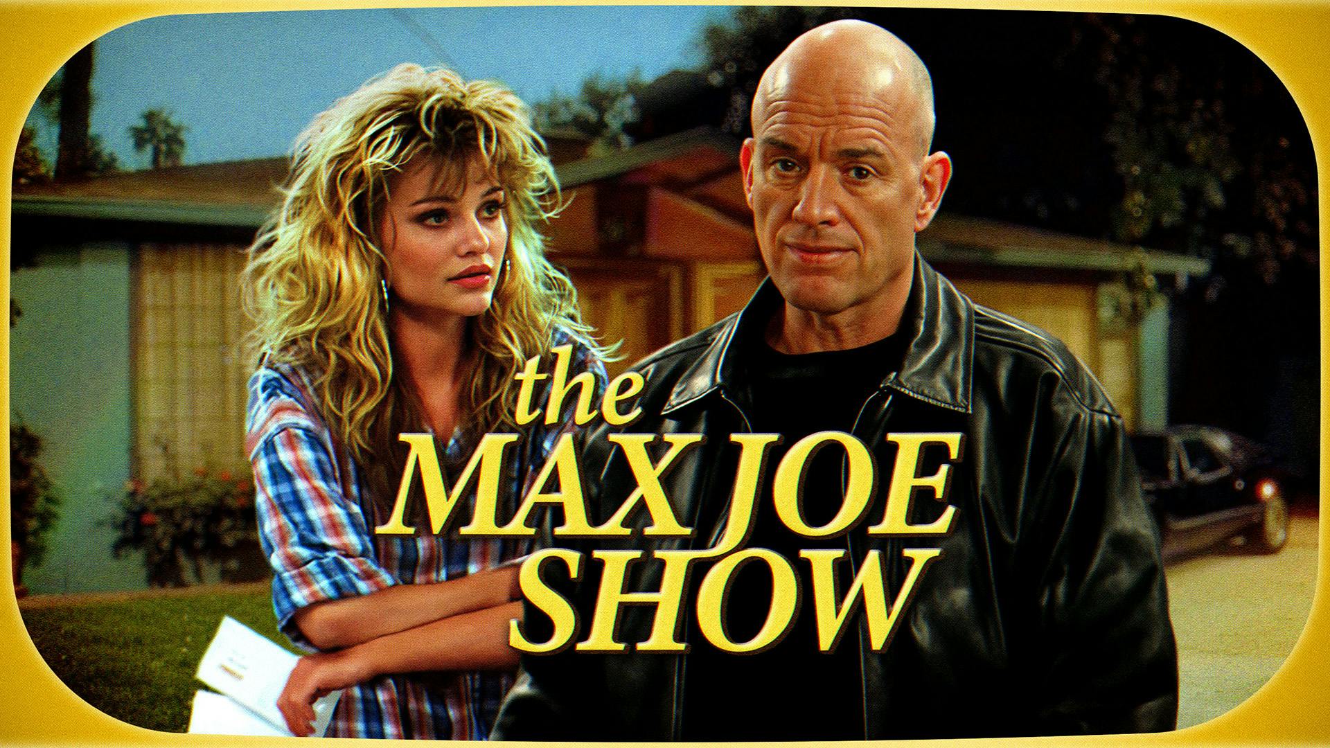 Image created with AI showing two people dressed in 80s or 90s style outfits and the headline 'The Max Joe Show' in yellow serif letters