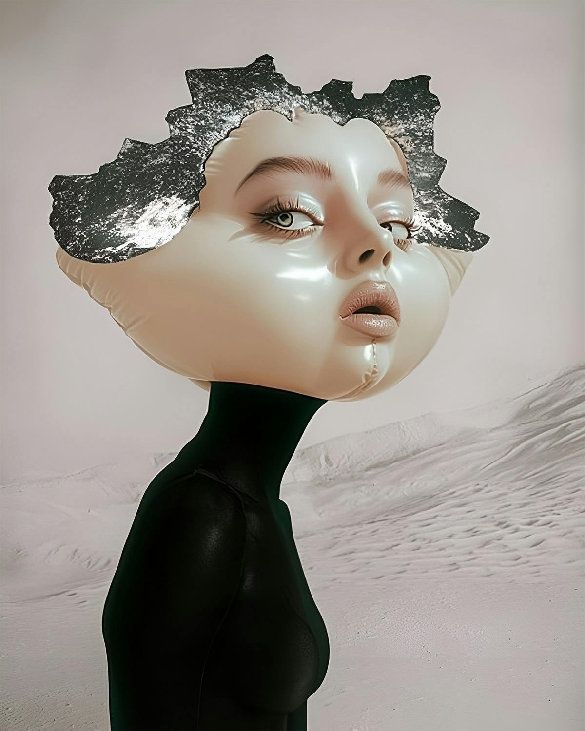 Image created with AI showing a figure with an inflatable doll-like head