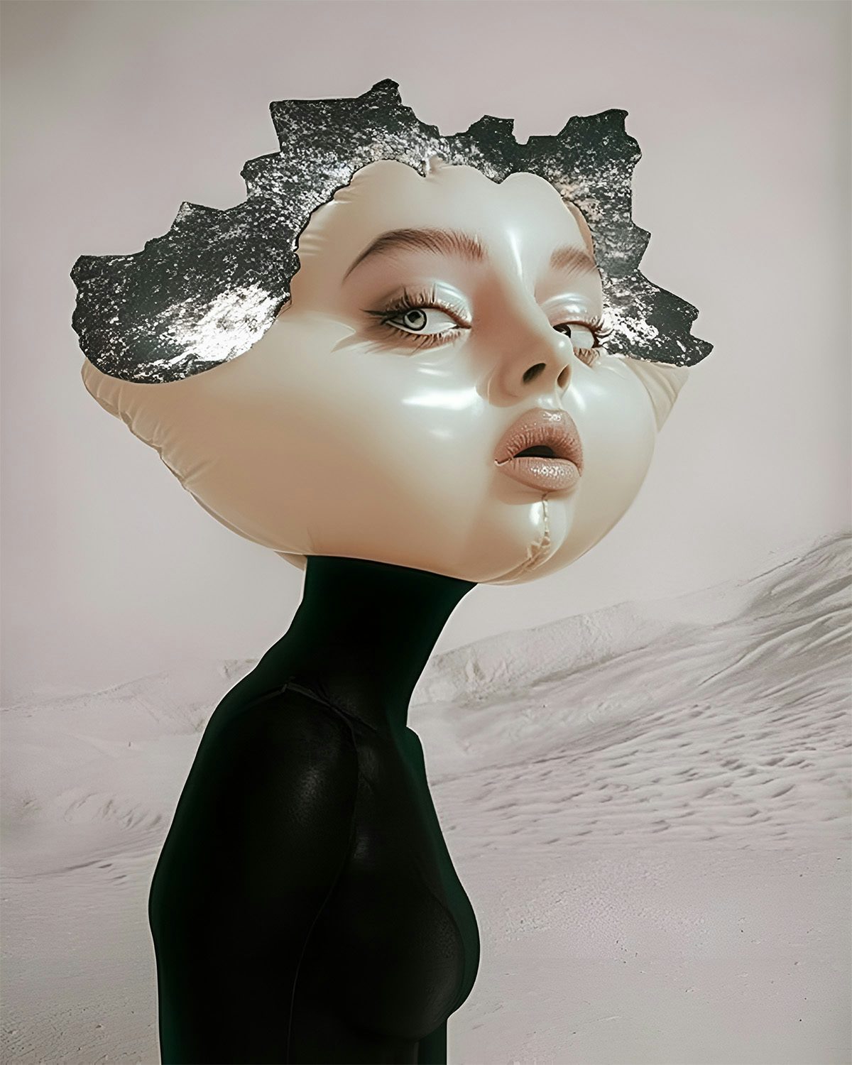 Image created with AI showing a figure with an inflatable doll-like head