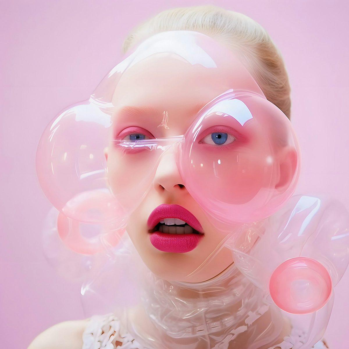 Image created with AI showing a face made up with pink make-up and with bubbles protruding from them, framed against a light pink background