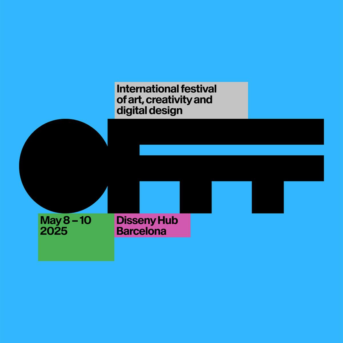 Offf Festival wordmark featuring thick black letterforms and 'F's that blend into one another, shown against a bright blue background