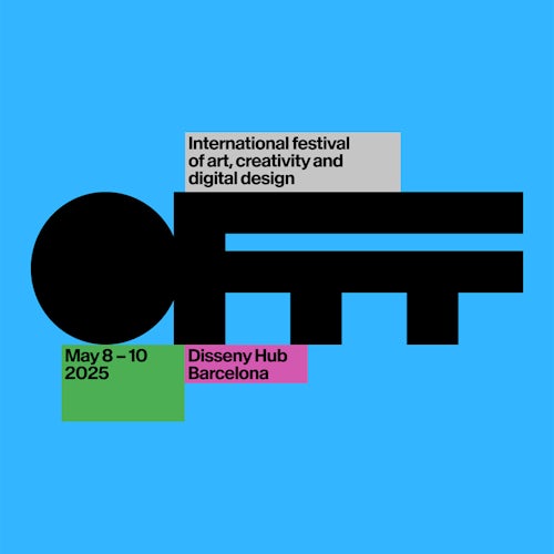 Offf Festival wordmark featuring thick black letterforms and 'F's that blend into one another, shown against a bright blue background