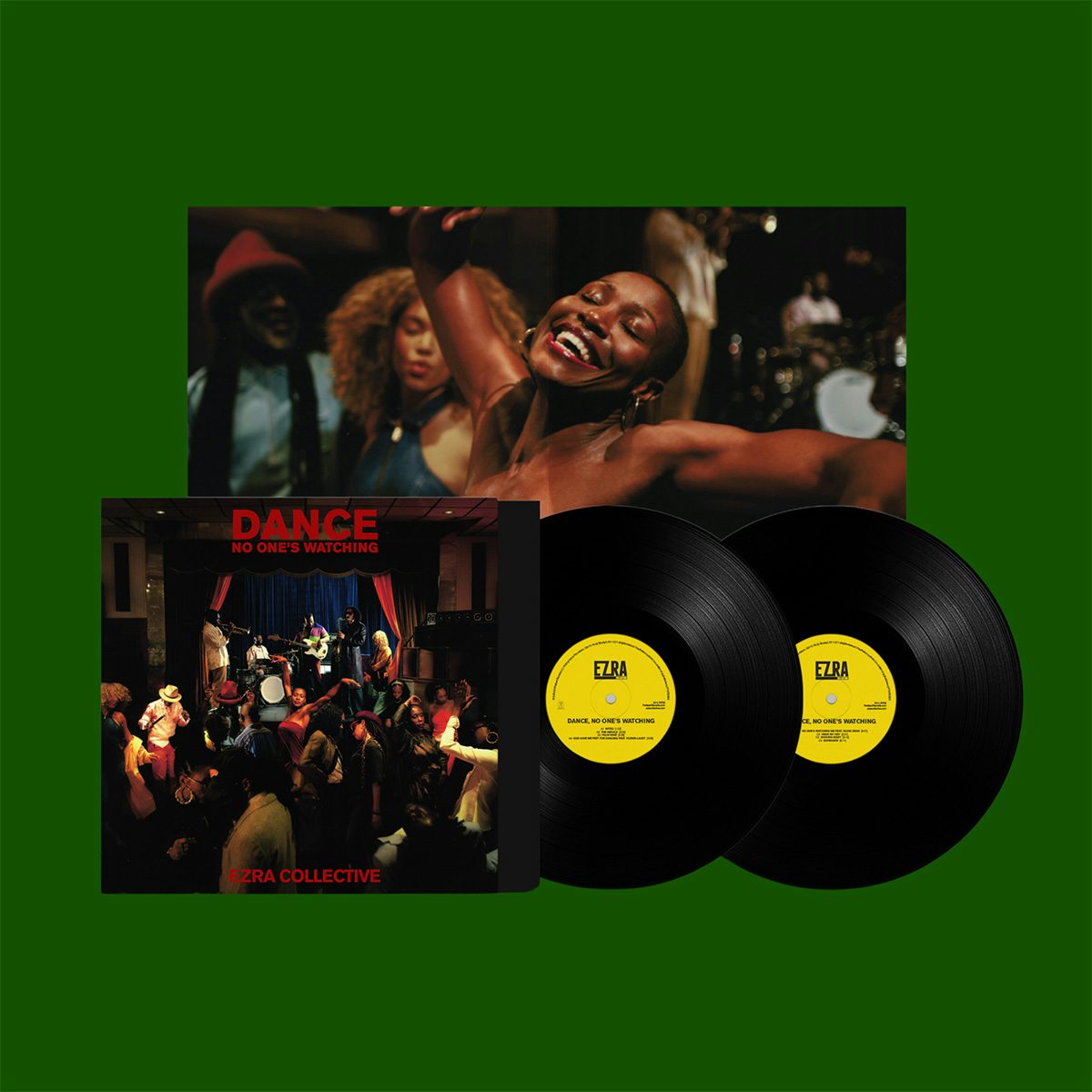 Album art for Dance No Ones Watching by Ezra Collective featuring a crowd dancing in a darkened room in front of the band on stage