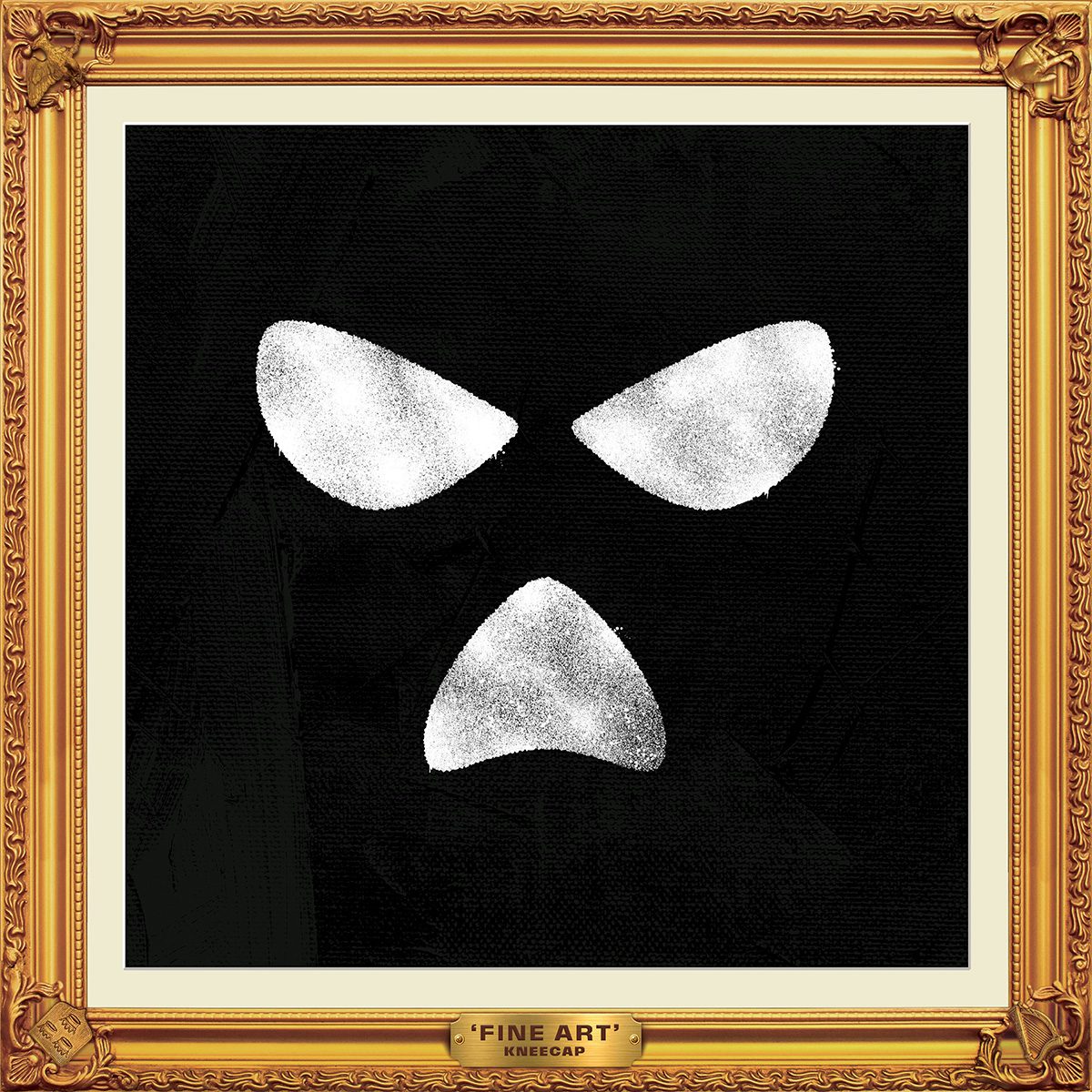 Album art for Fine Art by Kneecap featuring a black balaclava-like canvas with white cut-outs for eyes and a mouth and a golden frame