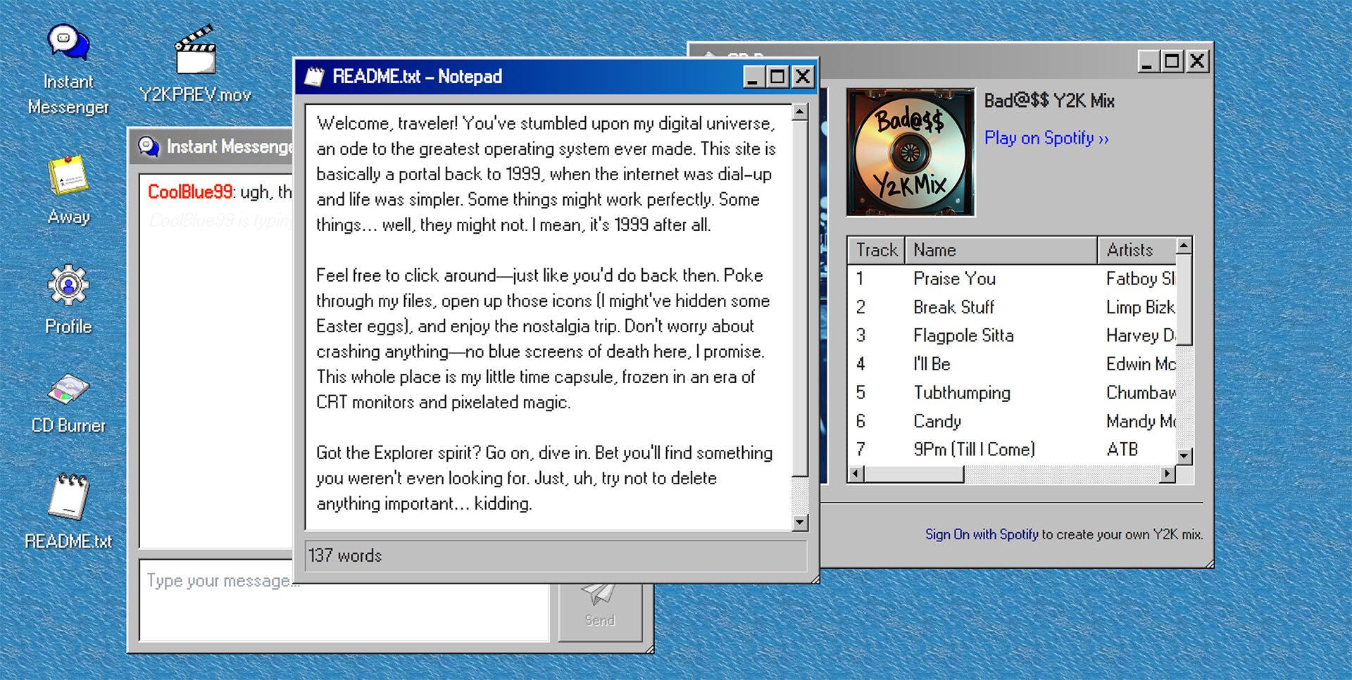 User interface of a microsite for the A24 film 'Y2K' designed in the style of Windows 98