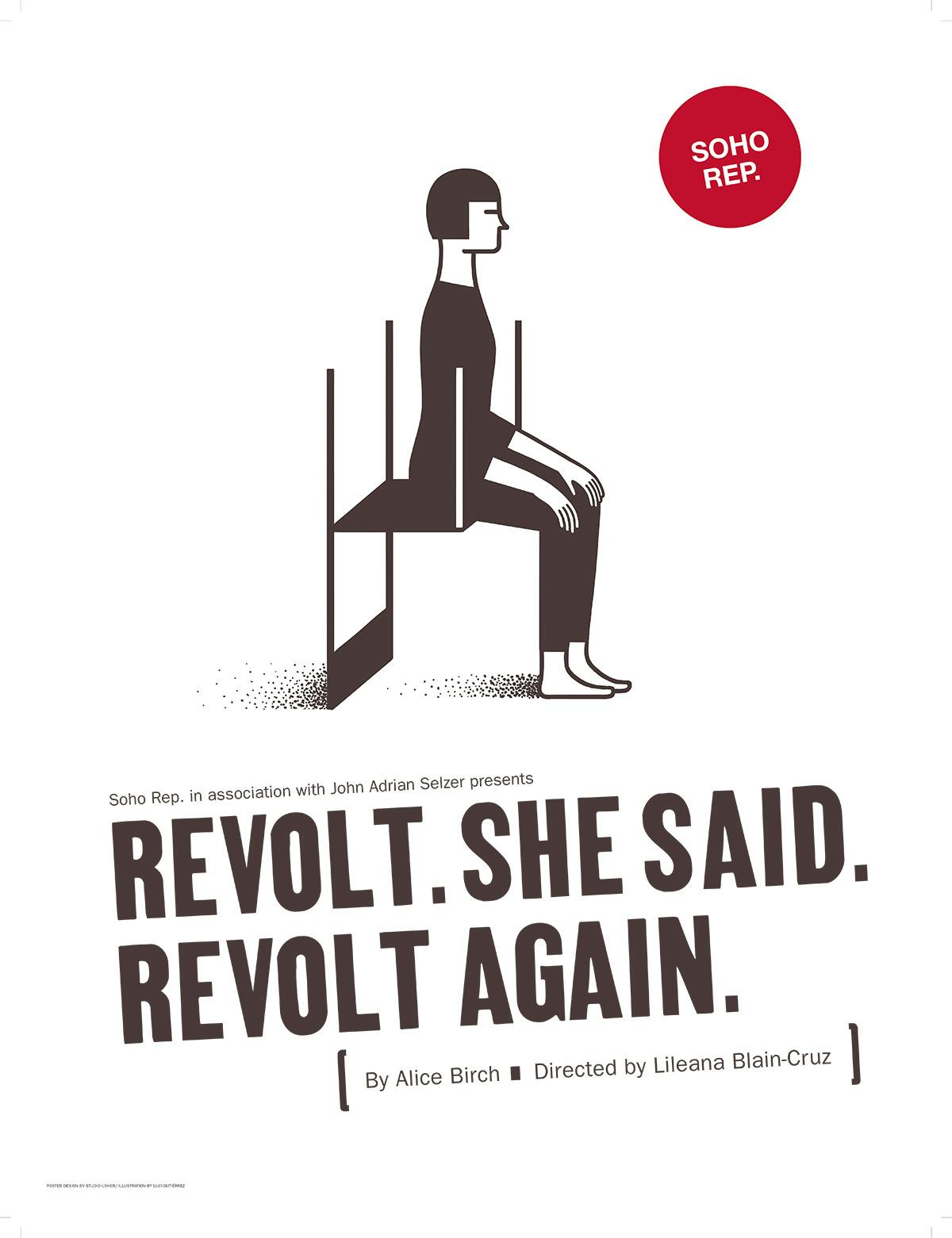 White poster labelled 'Revolt she said, revolt again' and a simple illustration of a person sitting on an upturned chair