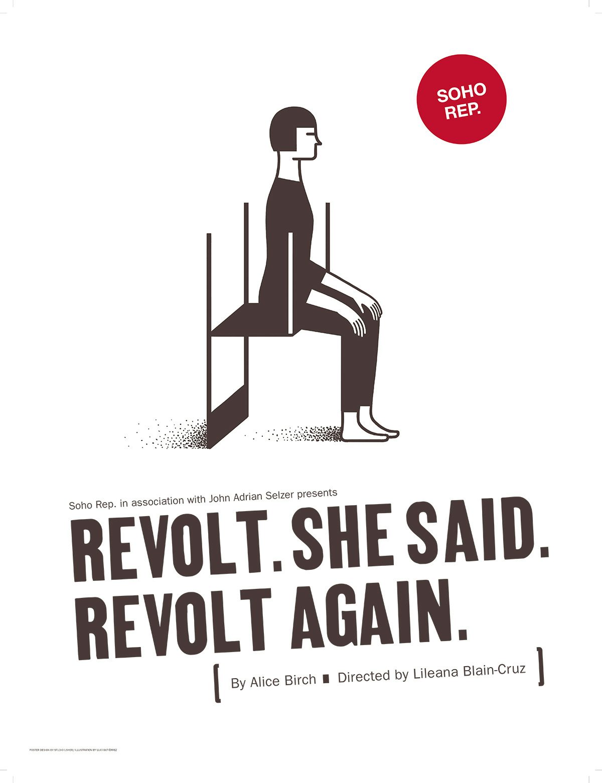 White poster labelled 'Revolt she said, revolt again' and a simple illustration of a person sitting on an upturned chair
