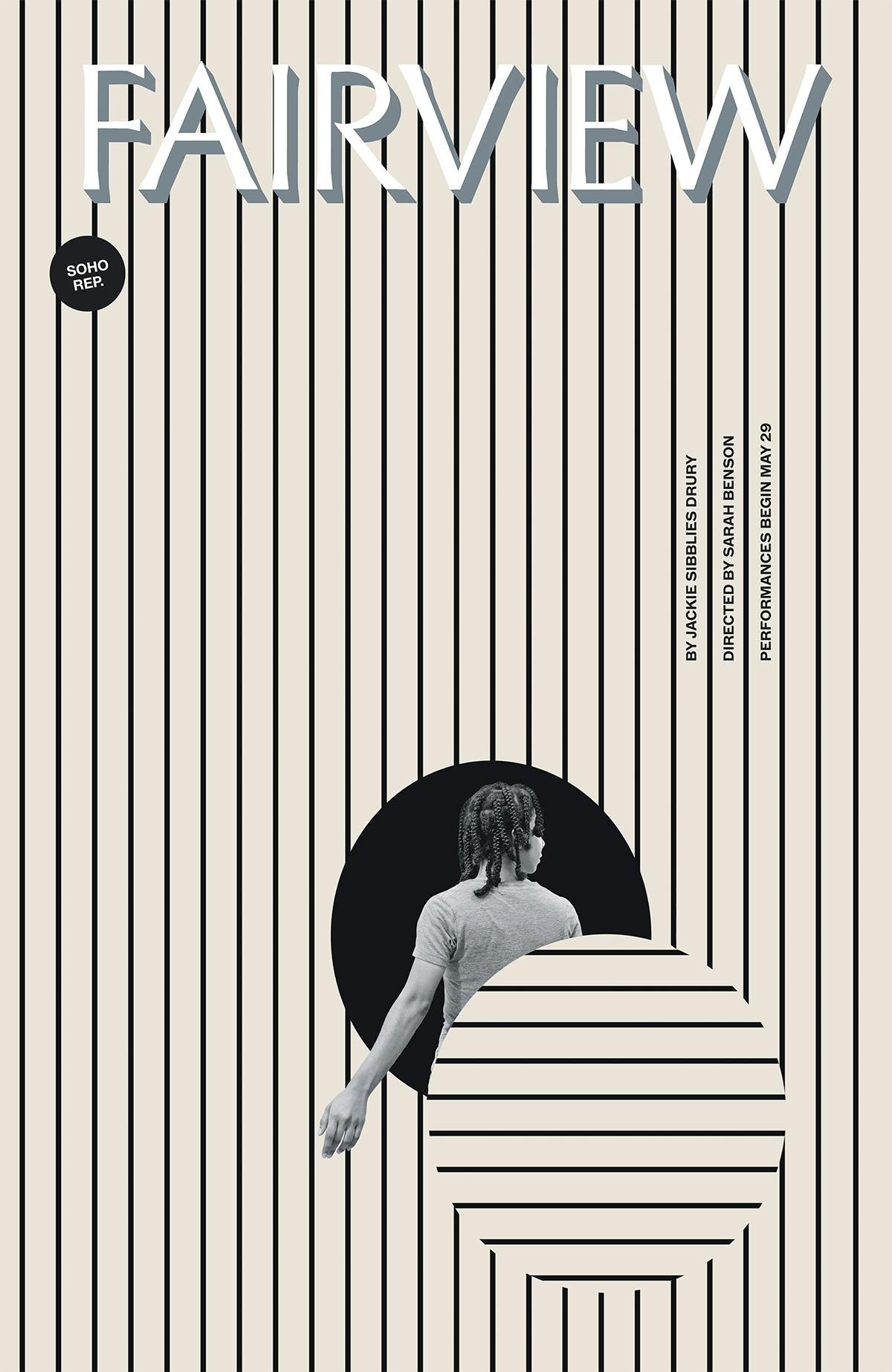 Striped poster headlined 'fairview' with a circle cut out of it, into which a person appears to be walking