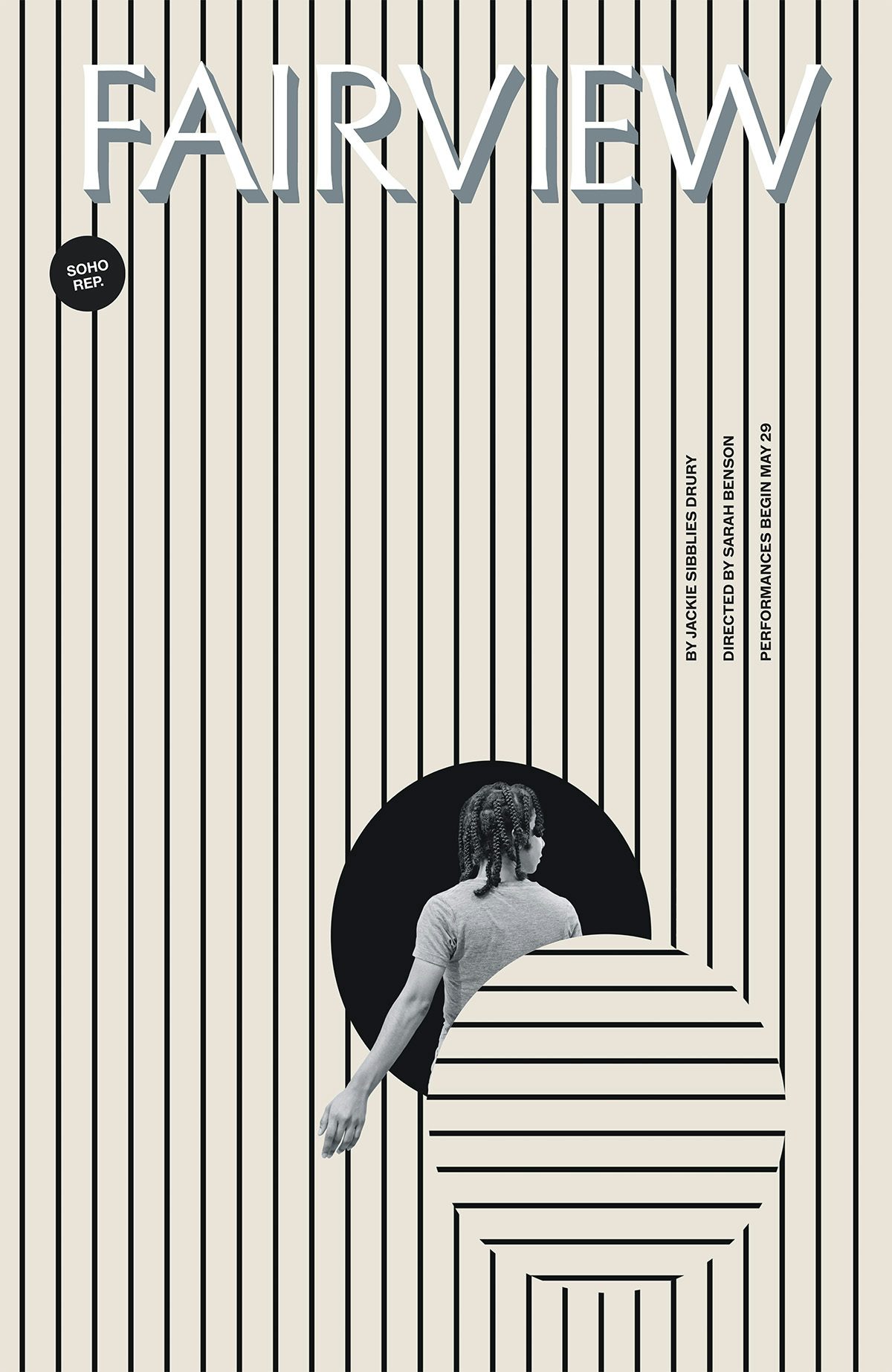 Striped poster headlined 'fairview' with a circle cut out of it, into which a person appears to be walking